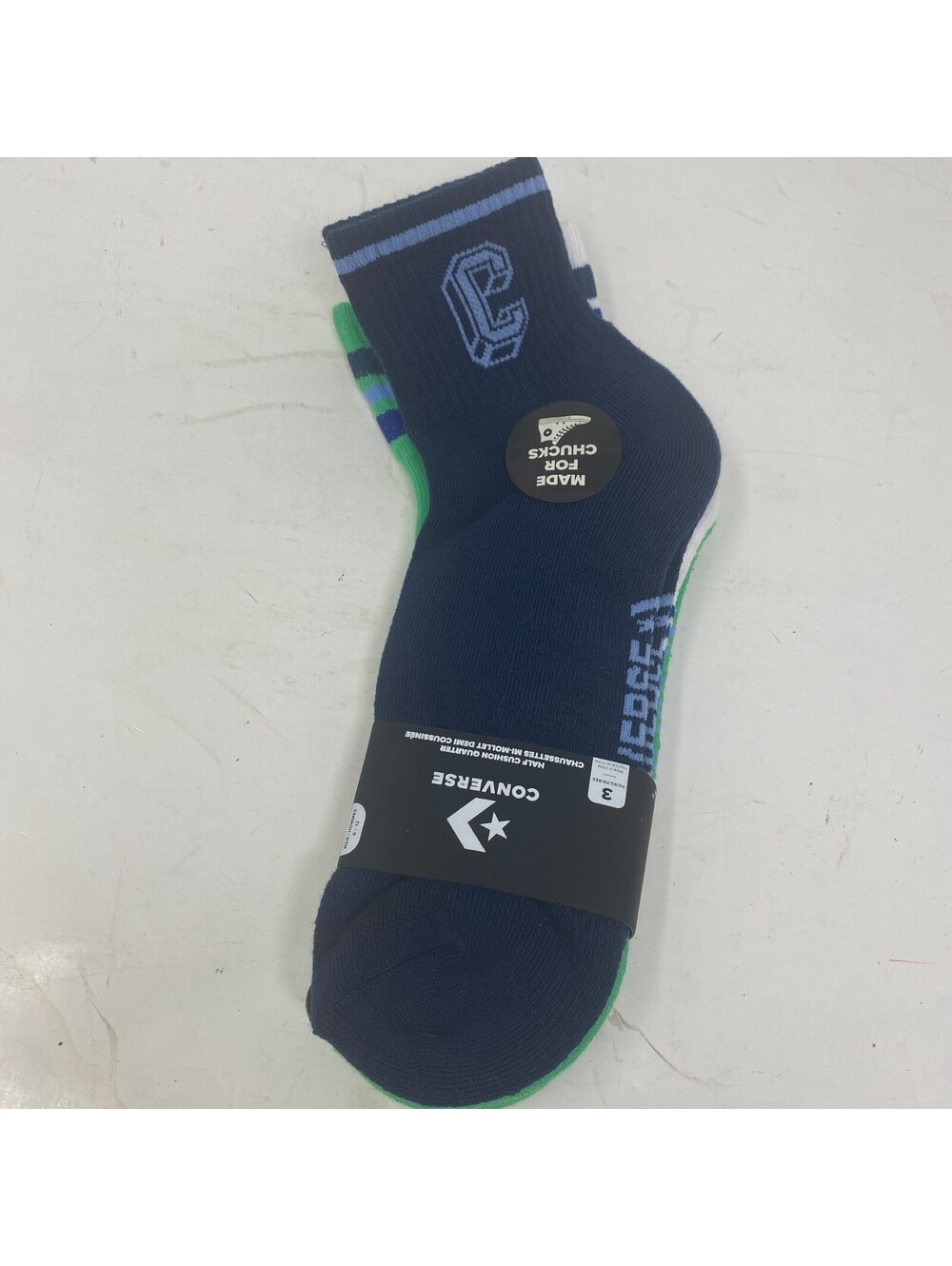 Converse Womens Half Cushion Quarter Socks 3 Pack Varsity Navy White Green 6-12